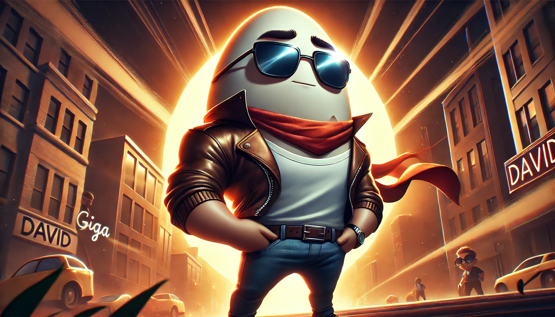 David, an anthropomorphic egg, in his ultimate form, looking giga cool and full of confidence. He is standing tall, wearing sunglasses, and a stylish outfit that shows he's at the peak of his journey. The background is bold and dynamic, with dramatic lighting or a cityscape behind him, symbolizing his growth and transformation. The atmosphere is epic and powerful, showcasing David as the embodiment of coolness. The mood is triumphant, modern, and sleek, perfect for a lower cover image, with a wide but lower format.